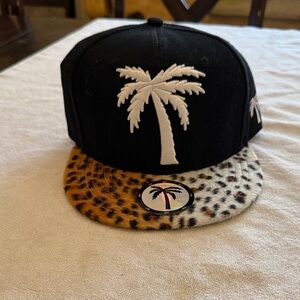 BLVD Supply Leopard Print Black Flatbill Strapback Adjustable Palm Tree Hat.